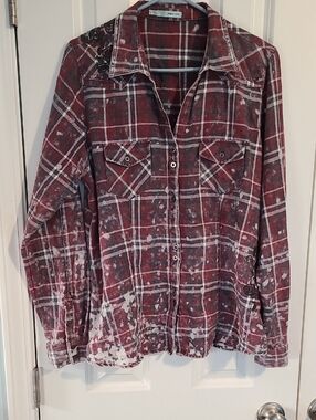 Maurices Burgundy and White Distressed Plaid Button-Down Shirt